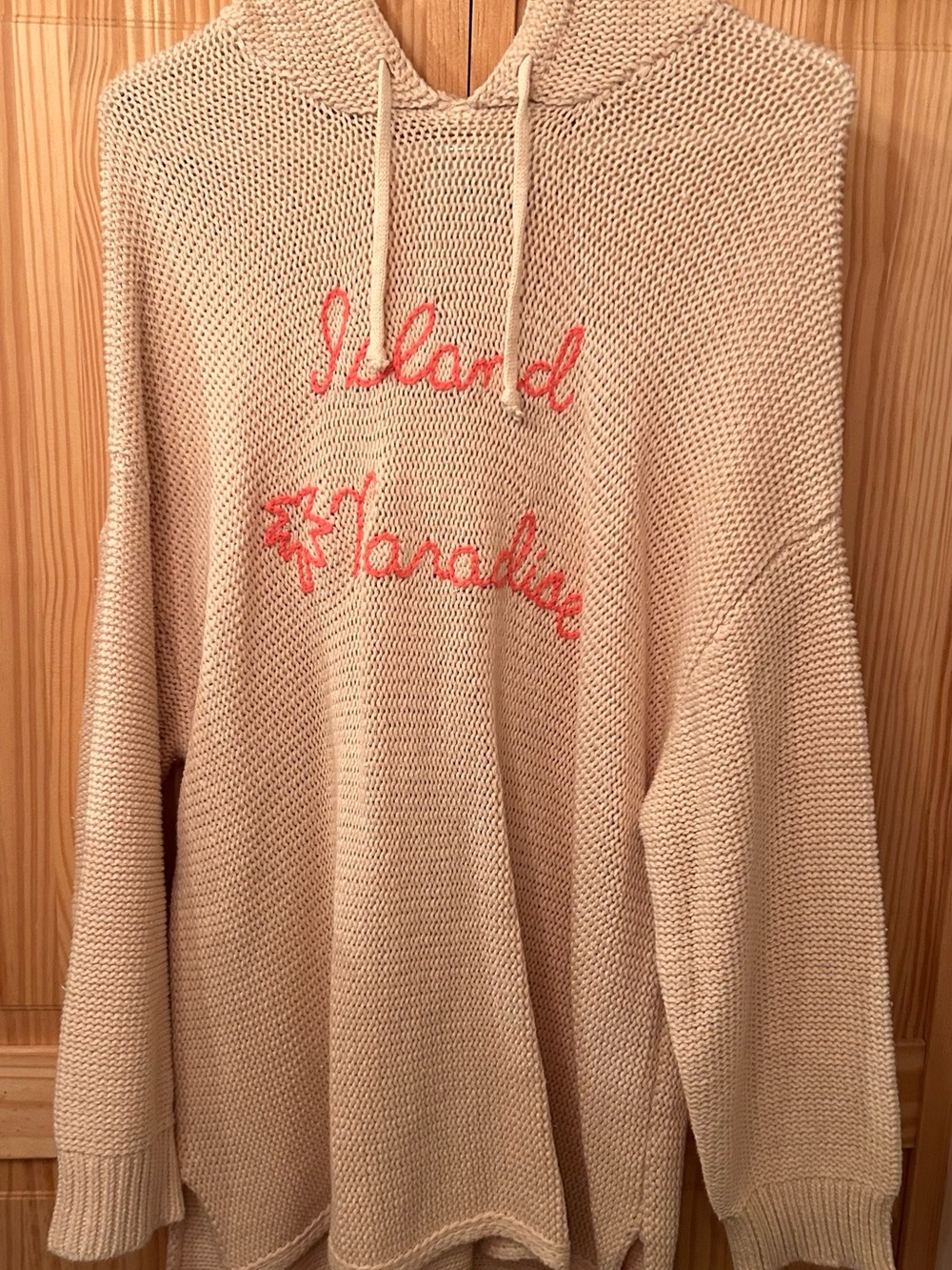 Vintage Cream Knit Hoodie Sweater with Coral Script